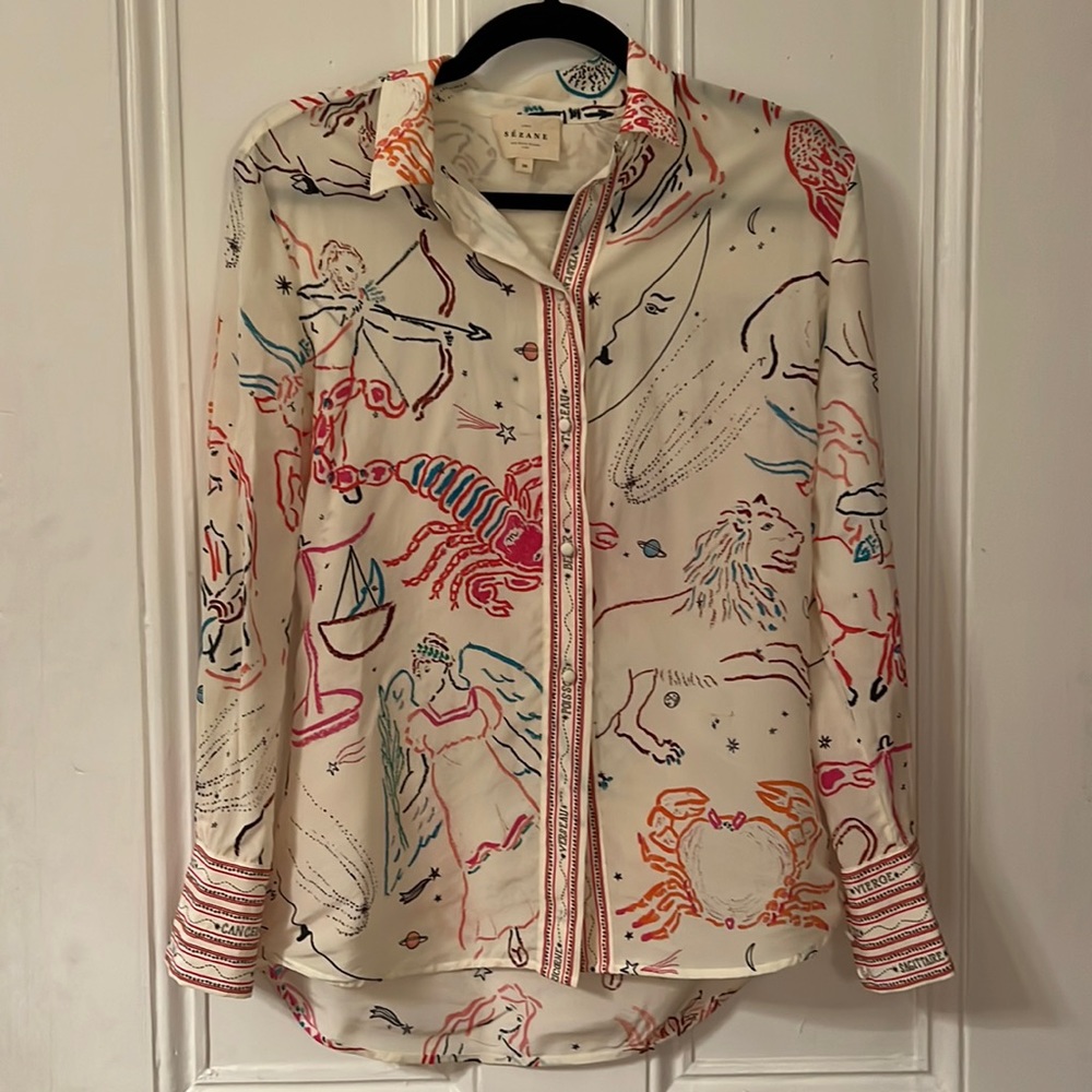 Sezane silk button down in their zodiac print